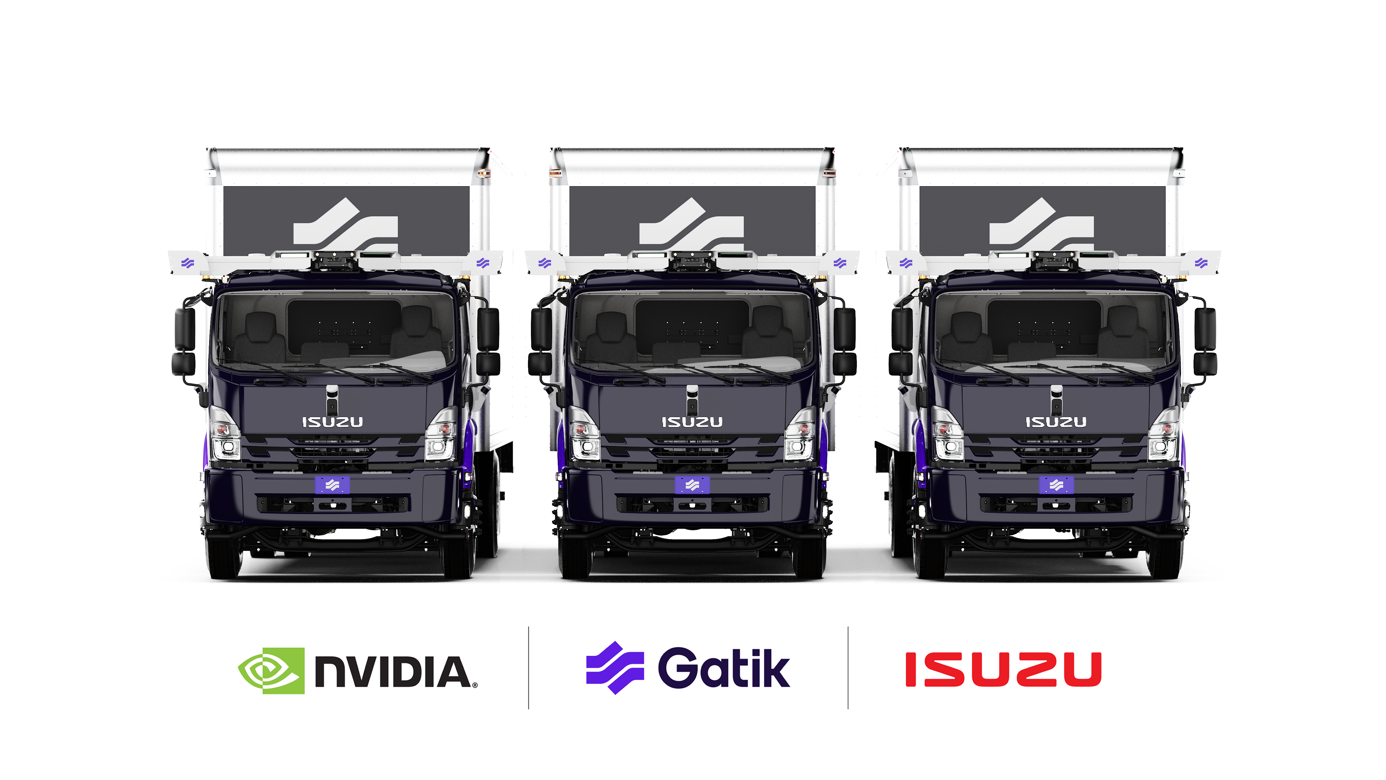 Alt text: Three autonomous Isuzu trucks equipped with Gatik self-driving technology are lined up side by side. Each vehicle has visible sensors and branding elements. Below the trucks are the logos of NVIDIA, Gatik, and Isuzu, representing a technology partnership.