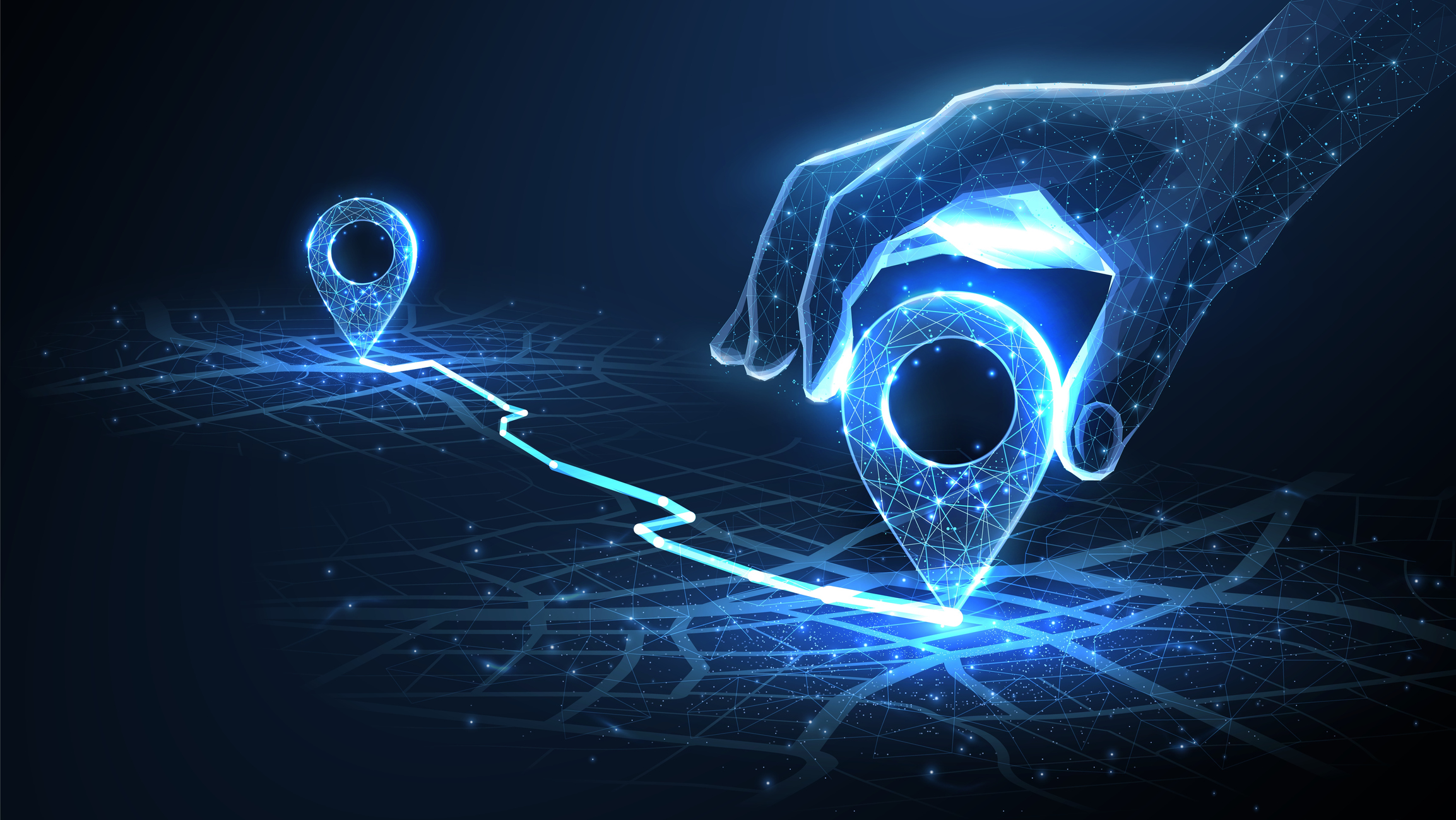 ALT Text: A digital illustration of a hand placing a glowing location pin on a virtual map, with a blue, illuminated path connecting two points.